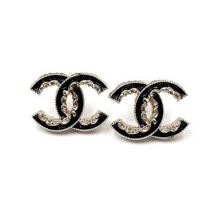 Chanel Gold CC Black Ruffle Piercing Earrings